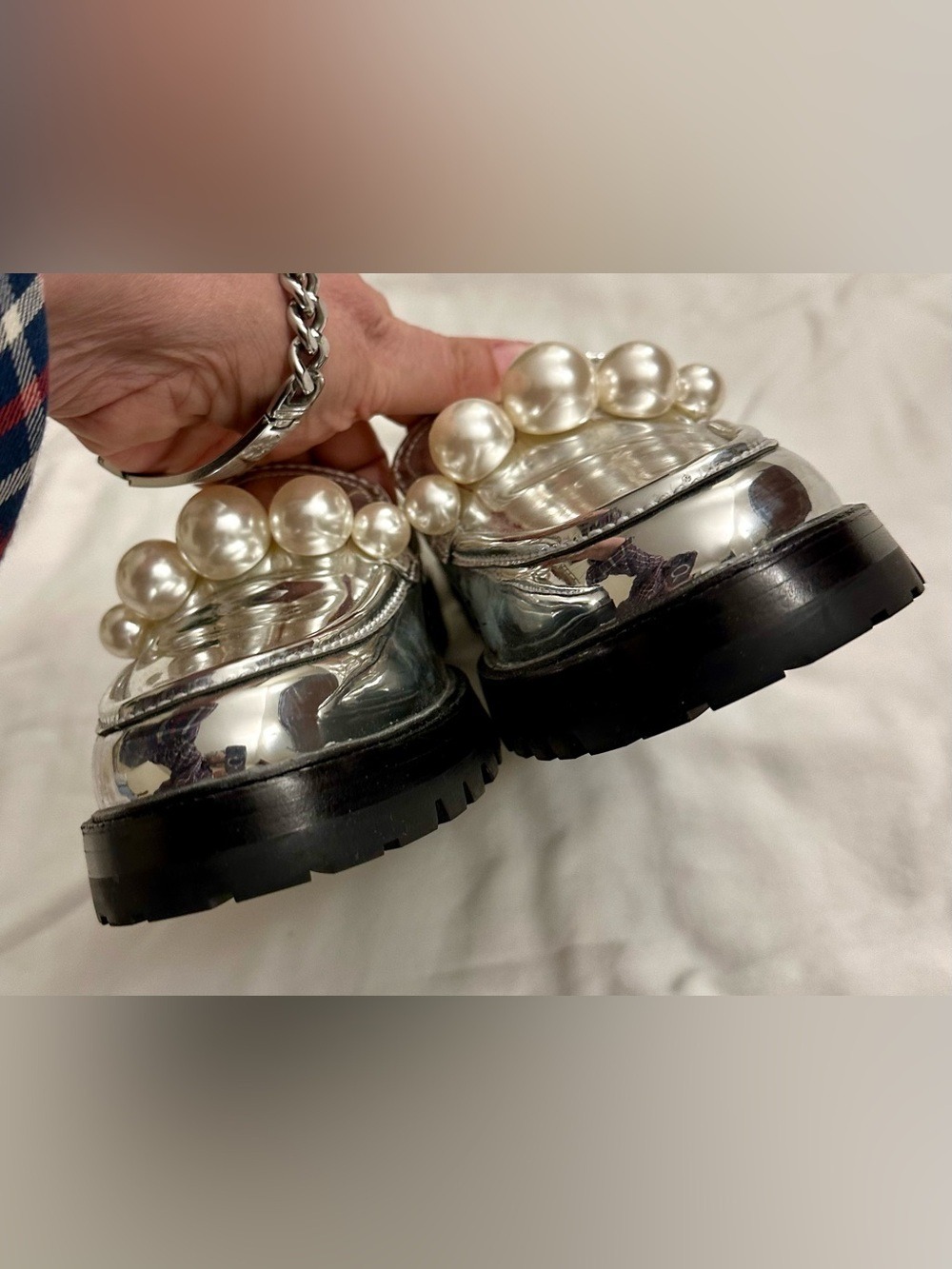 NWOT kate spade Metallic Silver Pearl-Trim Loafers - Picture 12 of 16